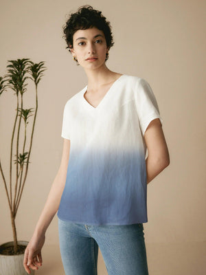 Top Boxy de Linho 100% com Decote em V e Mangas Curtas DAWN