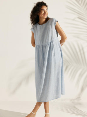 Vestido Maxi Lavado com Manga Curta Listrada de Linho JOAN