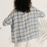 Top Aurora com Gola Bateau, Manga 3/4, Xadrez Gingham e 100% Linho