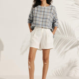 Top Aurora com Gola Bateau, Manga 3/4, Xadrez Gingham e 100% Linho