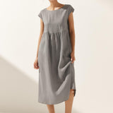 Vestido Maxi JOAN 100% Linho com Manga Curta e Acabamento Lavado