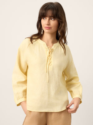 Blusa DOROTHEA com Mangas Balão Franzidas e Atacadores, 100% Linho