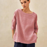 Top Aurora com Gola Bateau, Manga 3/4, Xadrez Gingham e 100% Linho