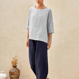 Top Aurora com Gola Bateau, Manga 3/4, Xadrez Gingham e 100% Linho