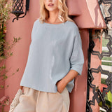 Top Aurora com Gola Bateau, Manga 3/4, Xadrez Gingham e 100% Linho