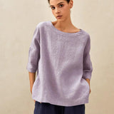 Top Aurora com Gola Bateau, Manga 3/4, Xadrez Gingham e 100% Linho