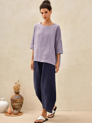 Top Aurora com Gola Bateau, Manga 3/4, Xadrez Gingham e 100% Linho