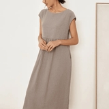 Vestido Maxi Lavado com Manga Curta Listrada de Linho JOAN