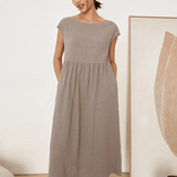 Vestido Maxi Lavado com Manga Curta Listrada de Linho JOAN
