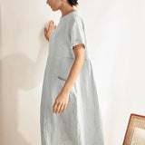 Vestido de Manga Curta em Linho 100% com Riscas Finas MORGAN
