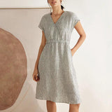 Vestido Midi Aria com Elástico na Cintura e às Riscas em 100% Linho