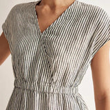 Vestido Midi Aria com Elástico na Cintura e às Riscas em 100% Linho