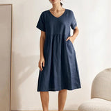 Vestido CHARLOTTE com Decote em V, Franzidos na Cintura e Bolsos, 100% Linho
