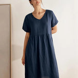 Vestido CHARLOTTE com Decote em V, Franzidos na Cintura e Bolsos, 100% Linho