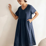 Vestido CHARLOTTE com Decote em V, Franzidos na Cintura e Bolsos, 100% Linho