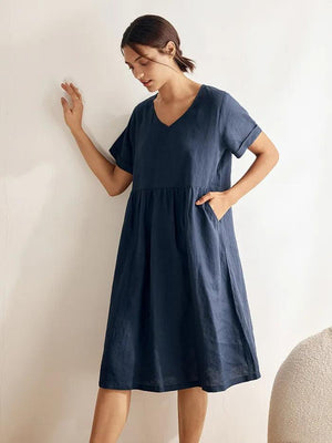 Vestido CHARLOTTE com Decote em V, Franzidos na Cintura e Bolsos, 100% Linho