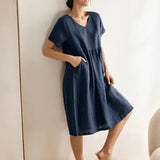 Vestido CHARLOTTE com Decote em V, Franzidos na Cintura e Bolsos, 100% Linho