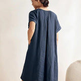Vestido CHARLOTTE com Decote em V, Franzidos na Cintura e Bolsos, 100% Linho