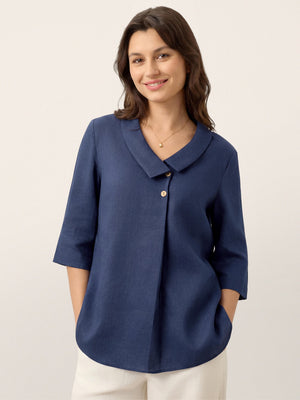 Top de Linho 100% Gola Assimétrica com Prega Invertida OTTILIE