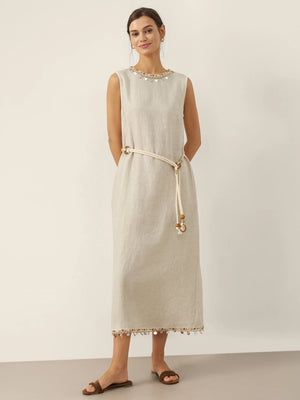 Vestido Comprido de Linho 100% com Contas no Decote Redondo e Cinto BELLA