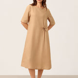 100% Linen Side-Gathered Bow Maxi Dress ESMERALDA