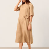 100% Linen Side-Gathered Bow Maxi Dress ESMERALDA