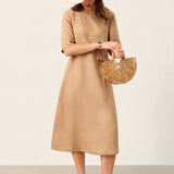 100% Linen Side-Gathered Bow Maxi Dress ESMERALDA