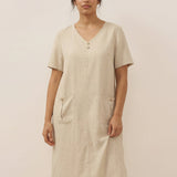 Vestido Midi Gola V Abotoado de Linho 100% NOA