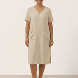 Vestido Midi Gola V Abotoado de Linho 100% NOA