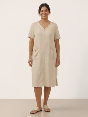 Vestido Midi Gola V Abotoado de Linho 100% NOA