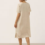 Vestido Midi Gola V Abotoado de Linho 100% NOA