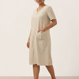 Vestido Midi Gola V Abotoado de Linho 100% NOA