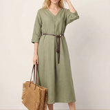 Vestido Maxi ZENOBIA em Linho 100%, com Pregas Centrais, Decote em V e Manga com Punho