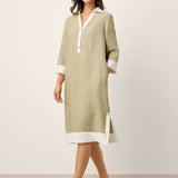 Vestido Midi em Camiseiro, com Decote em V, Sobreposições de Lapelas e Painéis Contrastantes em 100% Linho PERSEPHONE