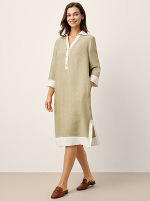 Vestido Midi em Camiseiro, com Decote em V, Sobreposições de Lapelas e Painéis Contrastantes em 100% Linho PERSEPHONE