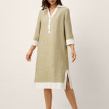 Vestido Midi em Camiseiro, com Decote em V, Sobreposições de Lapelas e Painéis Contrastantes em 100% Linho PERSEPHONE