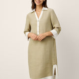 Vestido Midi em Camiseiro, com Decote em V, Sobreposições de Lapelas e Painéis Contrastantes em 100% Linho PERSEPHONE