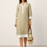 Vestido Midi em Camiseiro, com Decote em V, Sobreposições de Lapelas e Painéis Contrastantes em 100% Linho PERSEPHONE