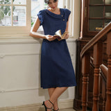 Vestido Midi FIONA 100% Linho com Gola Crescente e Manga Curta