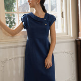 Vestido Midi FIONA 100% Linho com Gola Crescente e Manga Curta