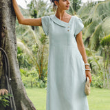 Vestido Midi FIONA 100% Linho com Gola Crescente e Manga com Folhos