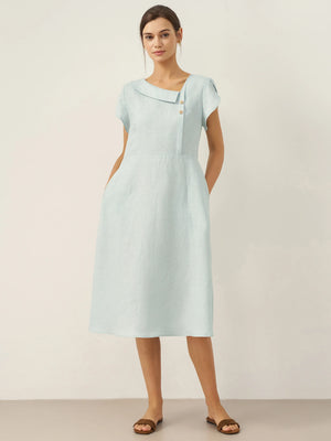 Vestido Midi FIONA 100% Linho com Gola Crescente e Manga Curta
