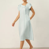 Vestido Midi FIONA com Gola Crescente e Manga Godé em Linho 100%