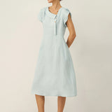 Vestido Midi FIONA 100% Linho com Gola Crescente e Manga Curta