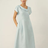 Vestido Midi FIONA 100% Linho com Gola Crescente e Manga com Folhos