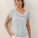 Top FARA de Linho 100% com Gola Crescente e Manga de Folho