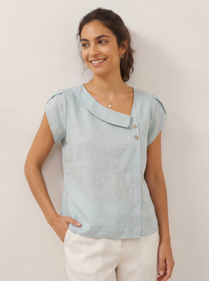Top FARA de Linho 100% com Gola Crescente e Manga de Folho