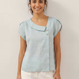 Top FARA de Linho 100% com Gola Crescente e Manga de Folho