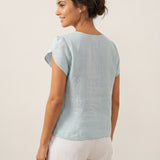Top FARA de Linho 100% com Gola Crescente e Manga de Folho