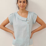 Top FARA de Linho 100% com Gola Crescente e Manga de Folho